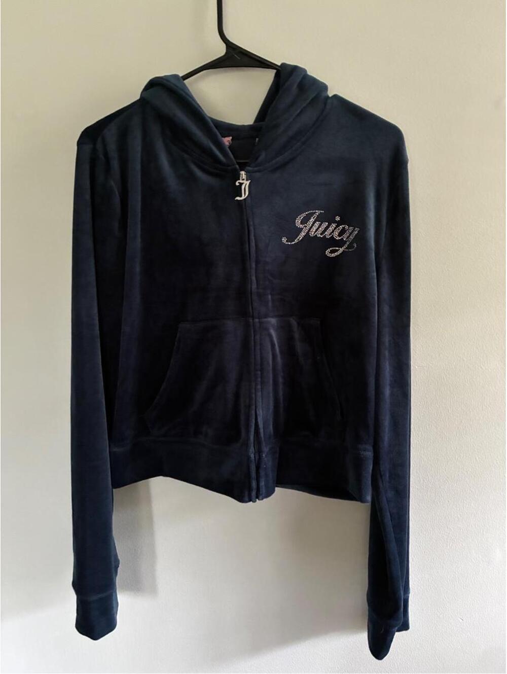 Vintage Juicy Couture Navy Blue Velour Zip-Up Hoodie Jacket Y2K Women's Bomber